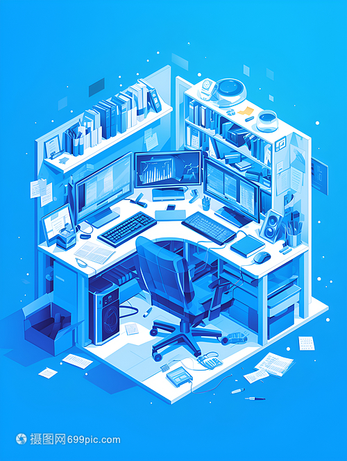 蓝色办公室插画 办公设备的美学与功能交融